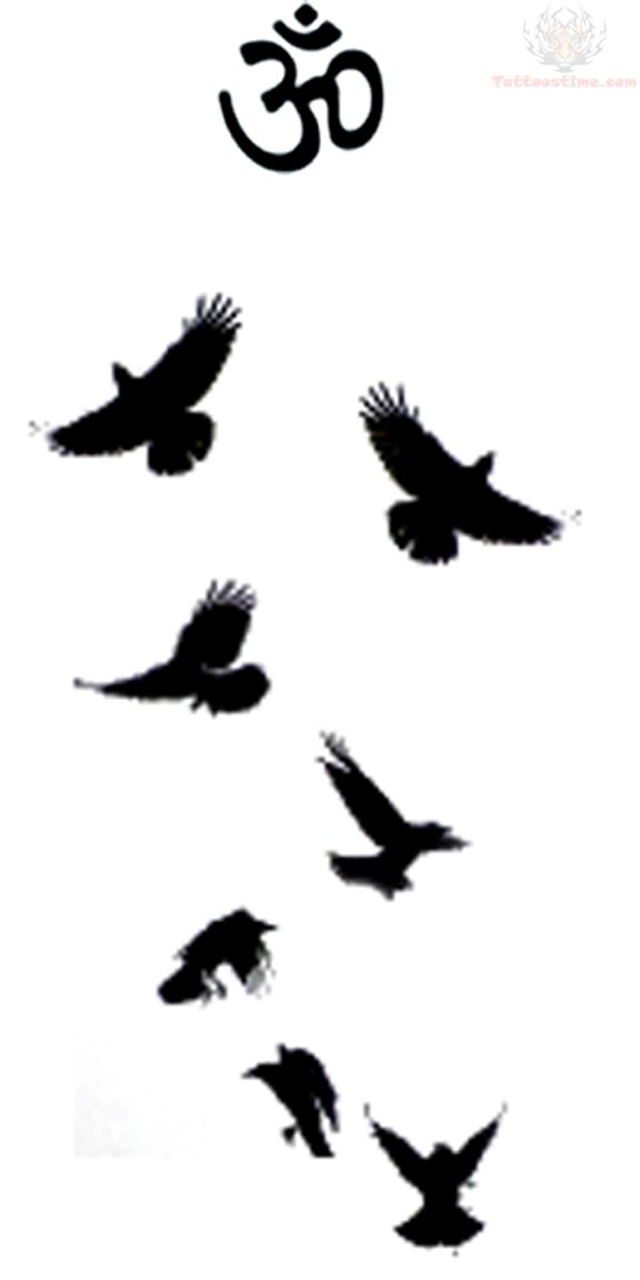 Om Symbol And Flying Crow Tattoo Design
