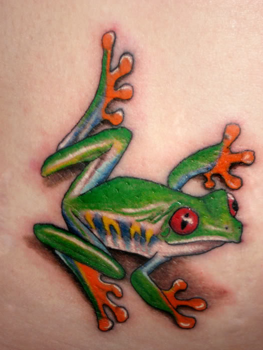 Orange And Green Ink Frog Tattoo