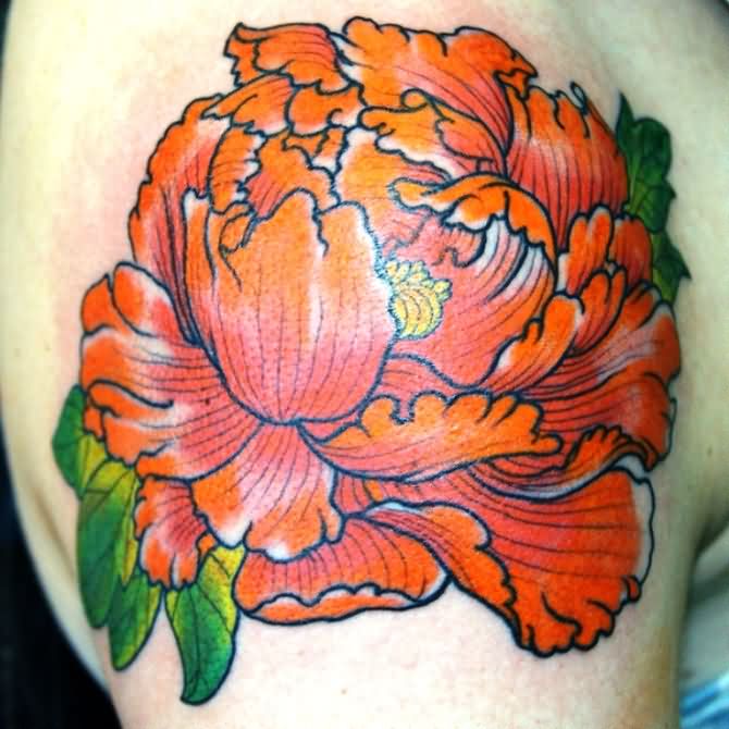 Orange Ink Japanese Peony Flower Tattoo On Right Shoulder