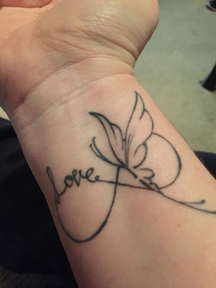 Outline Love Butterfly Tattoo On Wrist