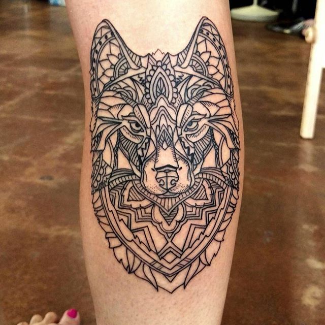 Outline Mandala Wolf Head Tattoo On Back Leg