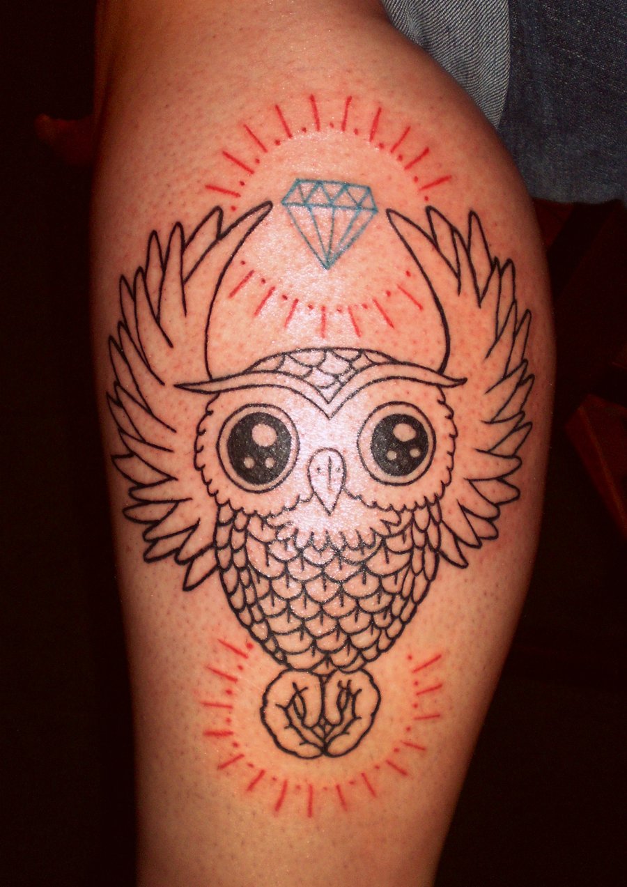 Outline Owl And Diamond Tattoo On Leg
