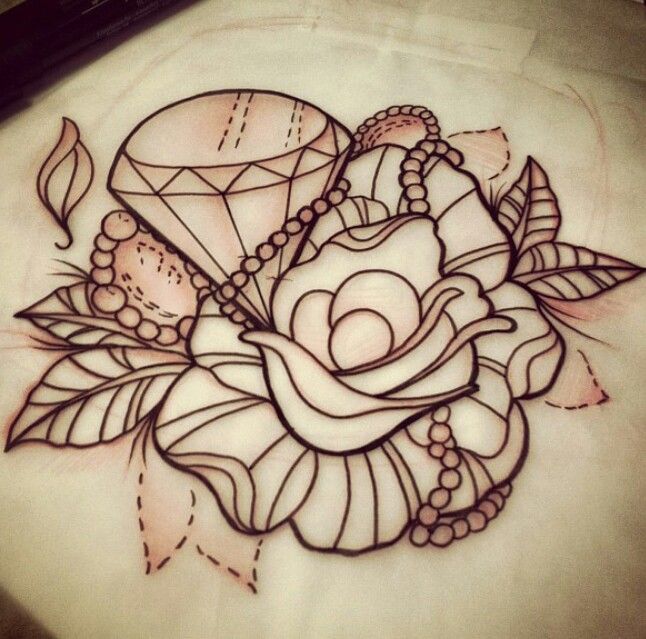Outline Rose And Diamond Tattoo Design