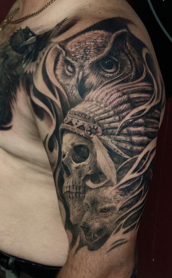 Owl And 3D Native Skull Tattoo On Half Sleeve
