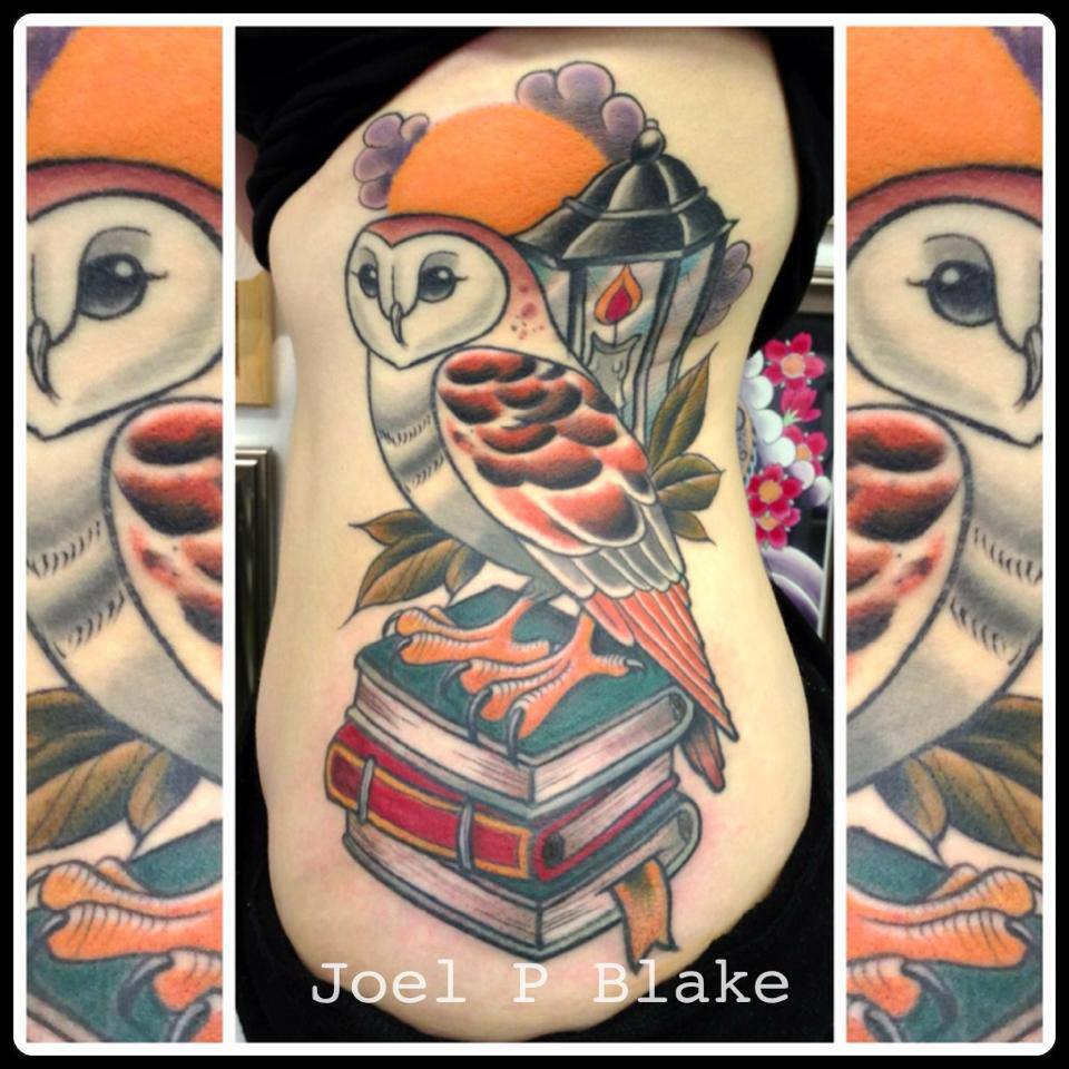 Owl On Books With Lalten Tattoo On Left Side Rib