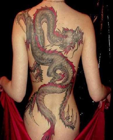 Pink And Grey Dragon Tattoo On Women Full Back
