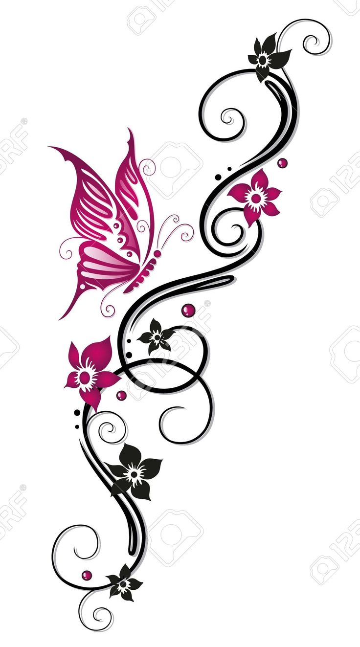 Pink Butterfly And Black Flowers Tattoo Design