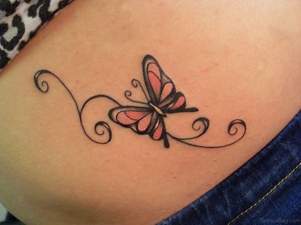 Pink Butterfly Tattoo On Hip