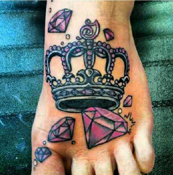 Pink Diamonds And Crown Tattoo On Left Foot
