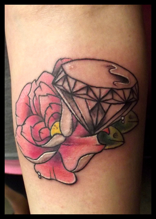 Pink Flower And Realistic Diamond Tattoo