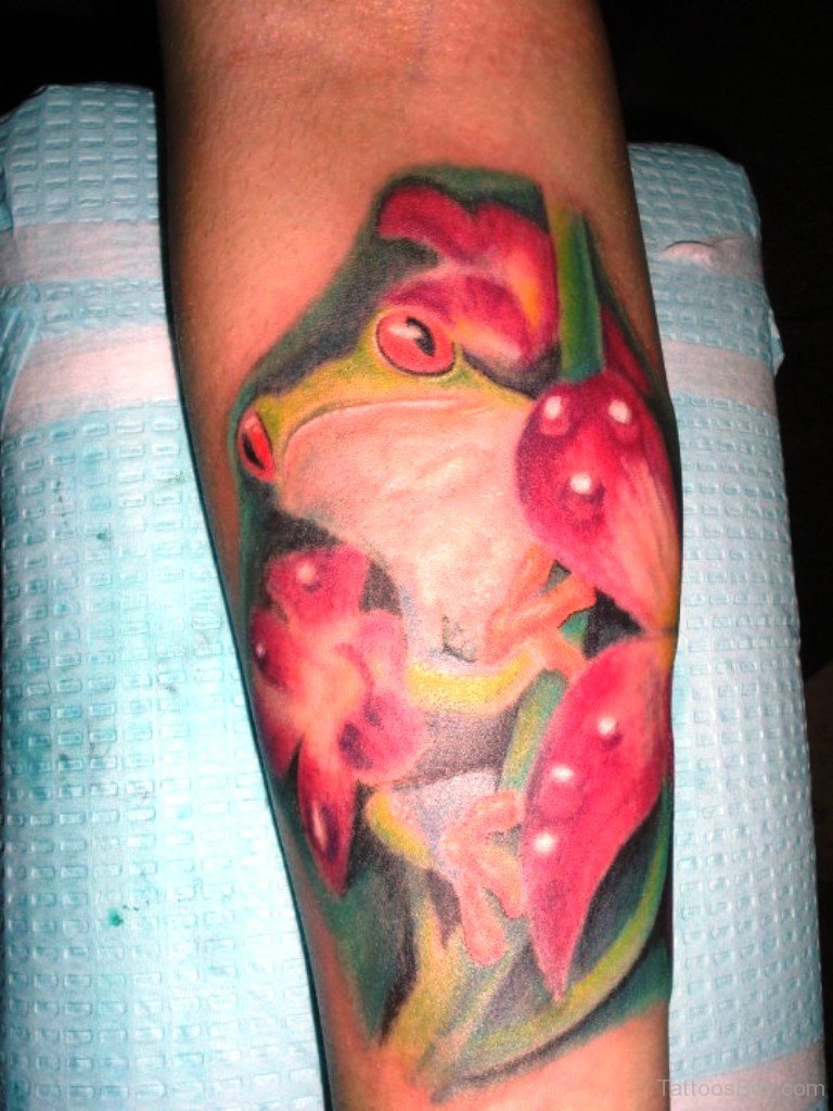 Pink Flowers And Frog Tattoo On Forearm