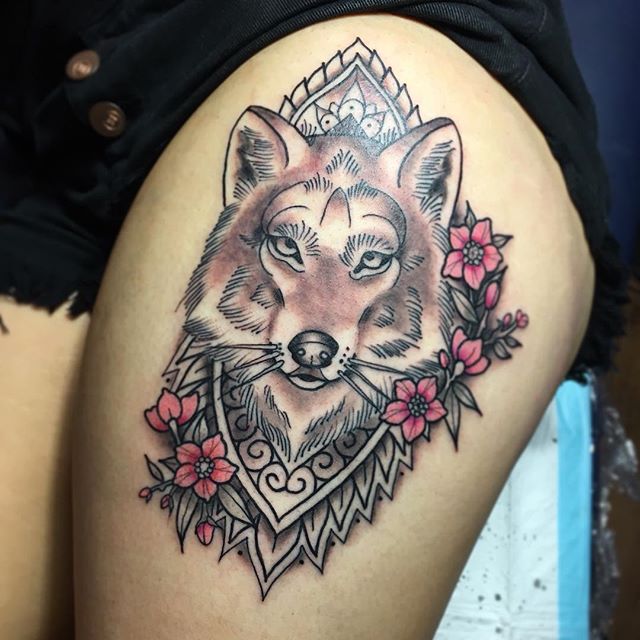 Pink Flowers And Mandala Wolf Tattoo On Left Thigh