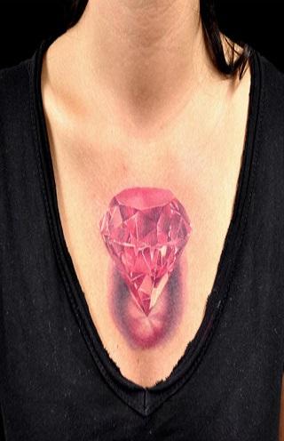 Pink Ink 3D Diamond Tattoo On Women Chest