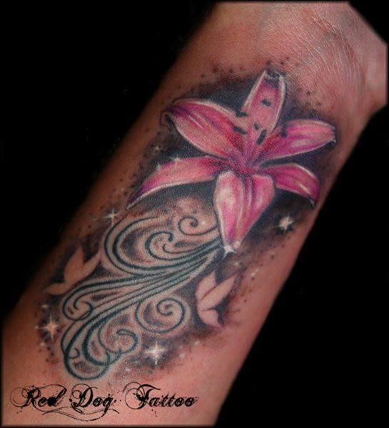 Pink Ink Flower Tattoo On Left Forearm