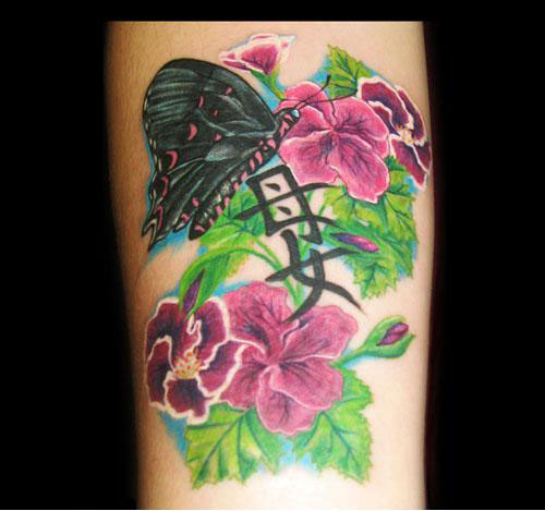 Pink Ink Geranium Flowers With Butterfly Tattoo On Arm