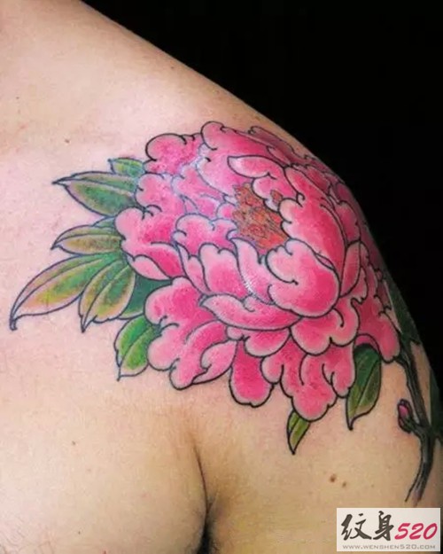Pink Ink Japanese Peony Flower Tattoo On Left Shoulder