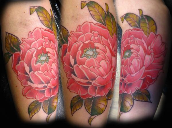 Pink Ink Japanese Peony Flower Tattoo On Leg Calf