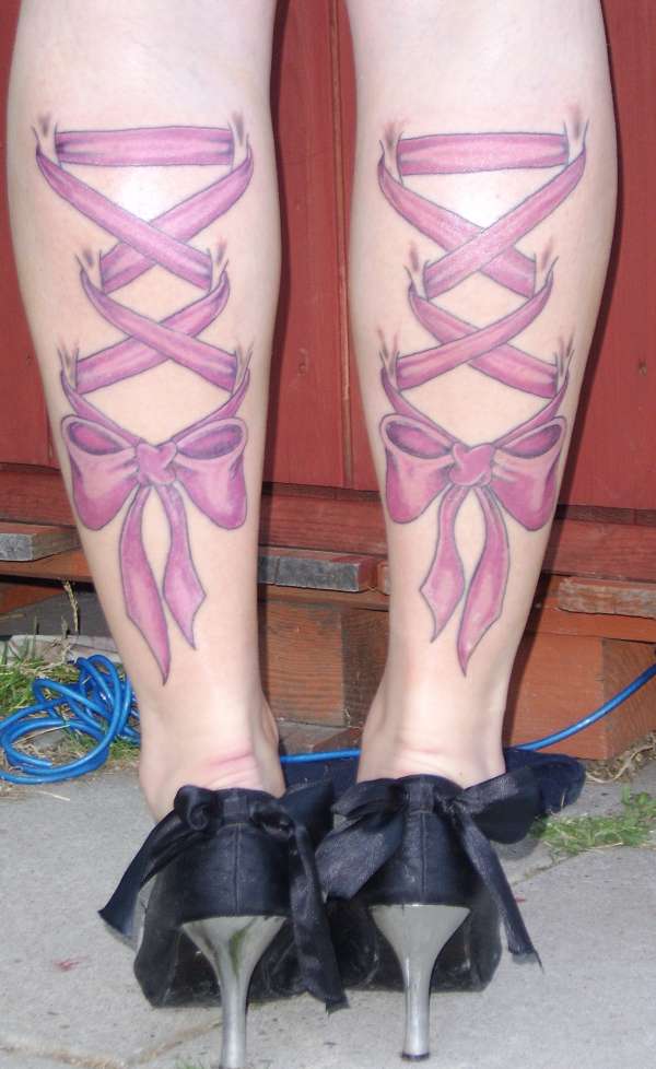 Pink Ink Lace Corset With Bow Tattoo On Girl Both Leg Calf