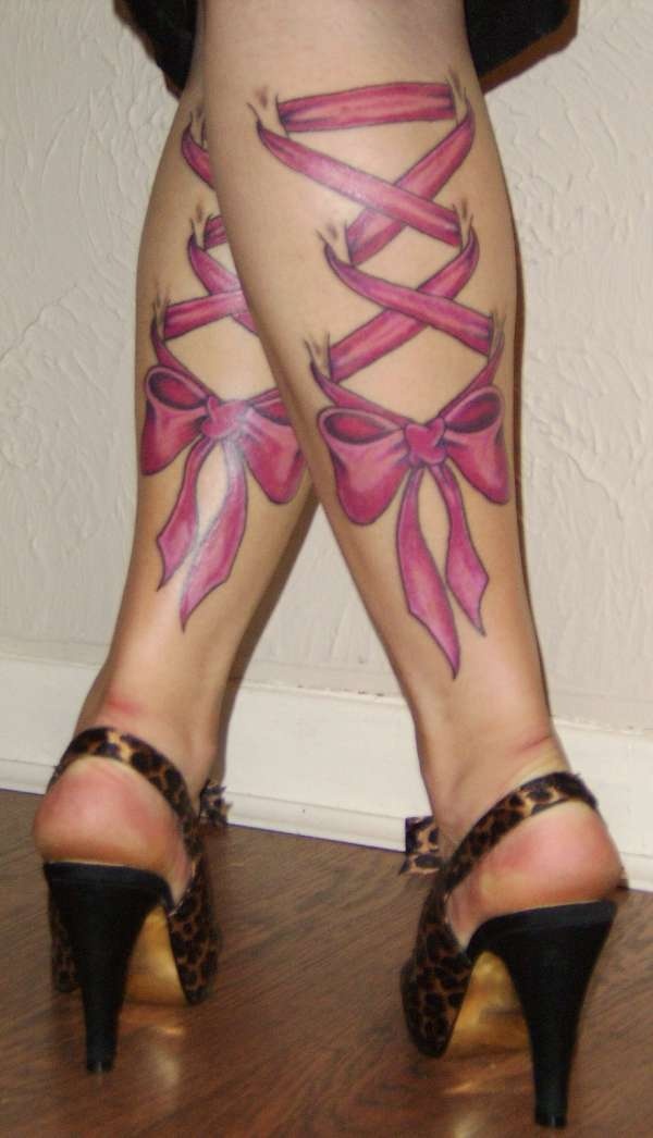 Pink Ink Lace Corset With Bow Tattoo On Women Both Leg Calf
