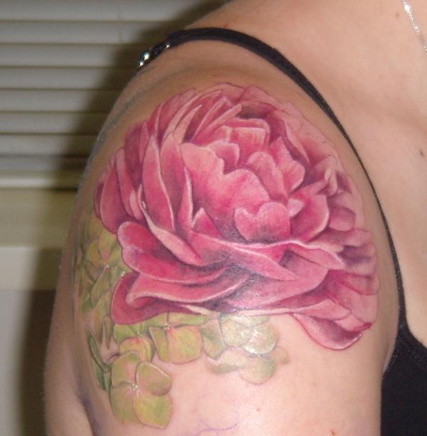 Pink Ink Peony Flower Tattoo On Women Right Shoulder