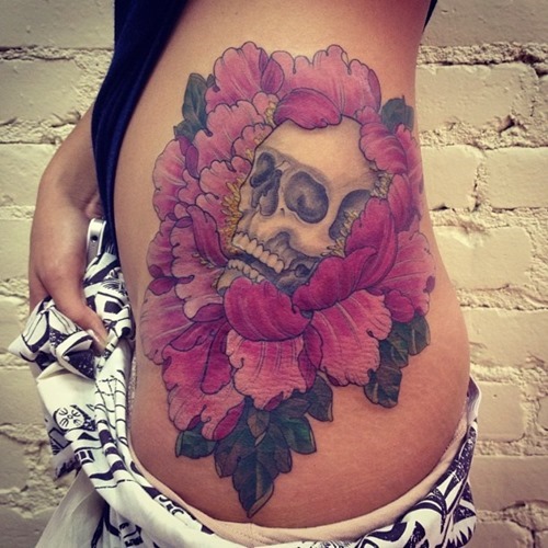 Pink Ink Peony Flower With Skull Tattoo On Left Hip