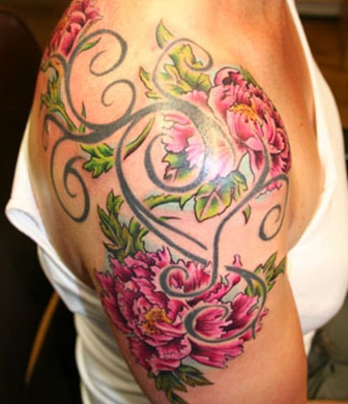 Pink Ink Peony Flowers Tattoo On Right Shoulder