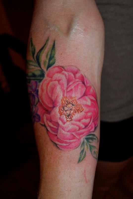 Pink Ink Realistic Peony Flower Tattoo On Forearm