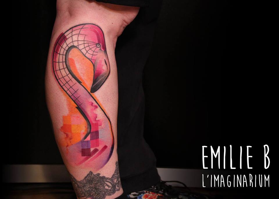 Pink Ink Swan Tattoo On Right Leg