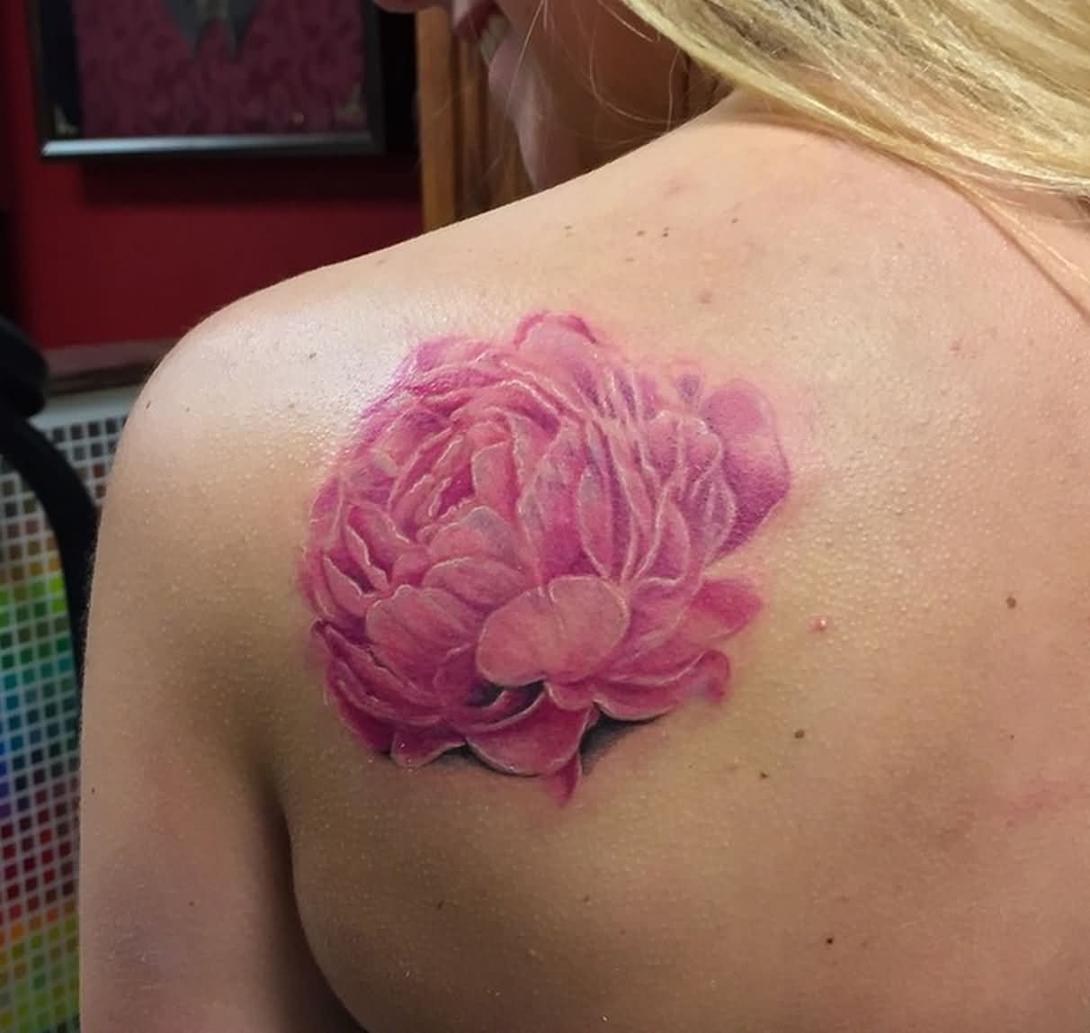 Pink Ink Watercolor Peony Flower Tattoo On Girl Left Back Shoulder