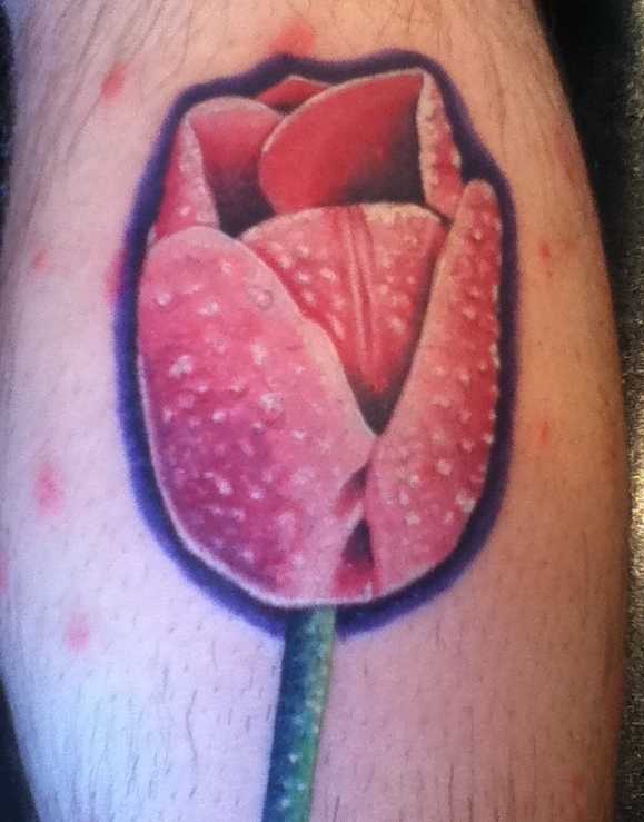 Pink Tulip Flower Tattoo On Leg