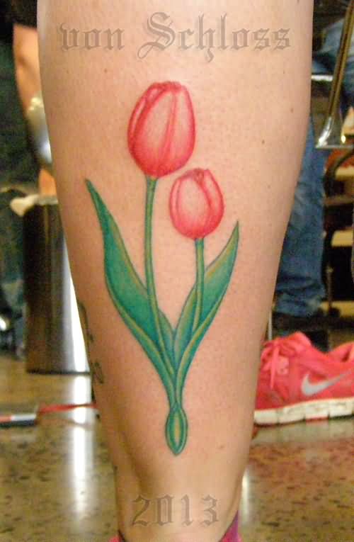 Pink Tulip Flowers Tattoos On Leg Calf