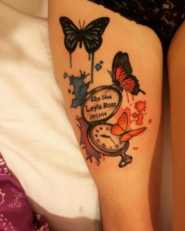 Pocket Watch And Butterfly Tattoos On Girl Right Thigh
