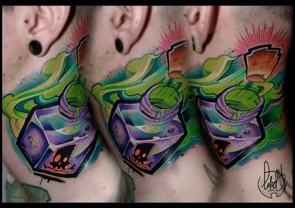 Poison Bottle Tattoo On Man Side Neck By Lehel Nyeste