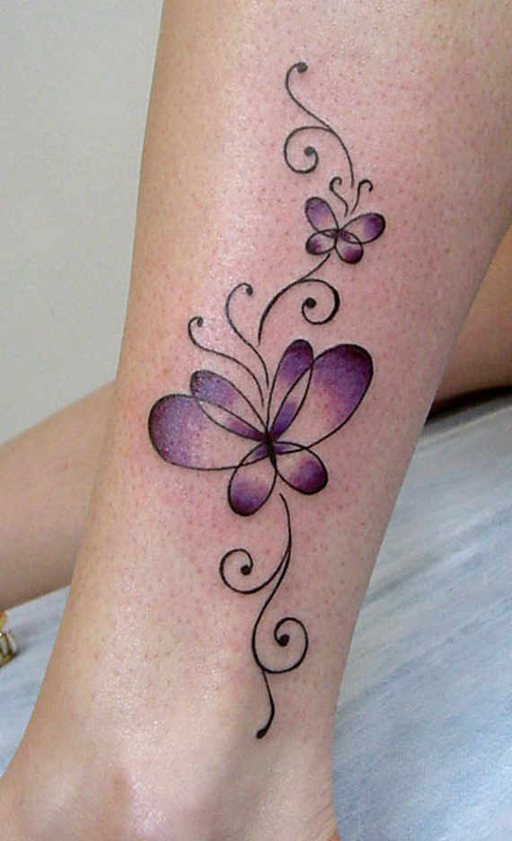 Purple Butterfly Tattoo On Side Leg