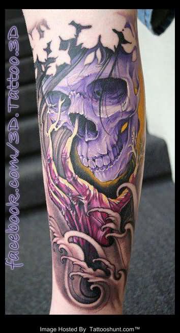 Purple Floral 3D Skull Tattoo On Leg