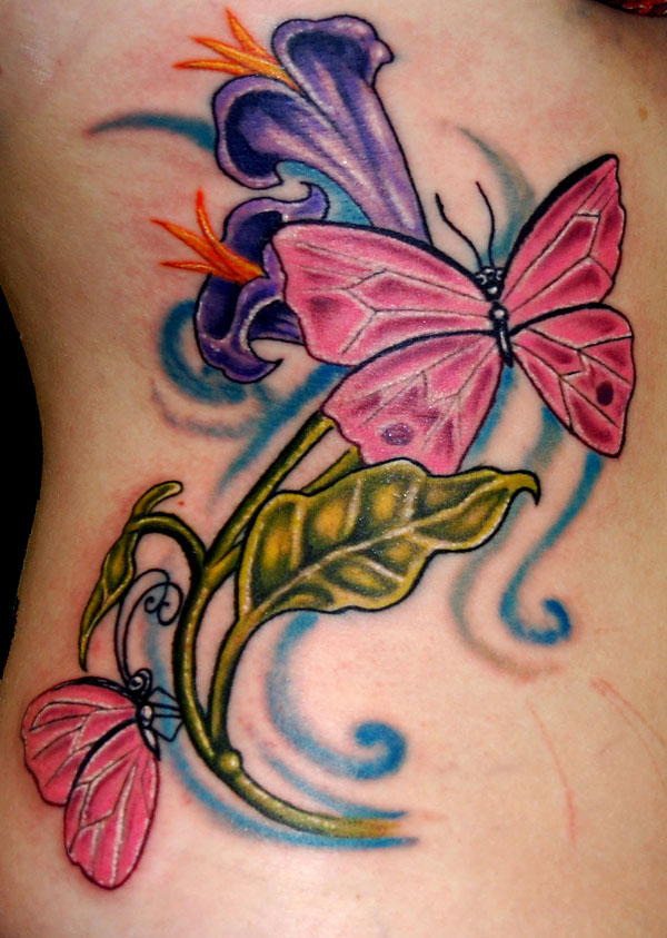 Purple Flower And Butterfly Tattoo On Side Rib
