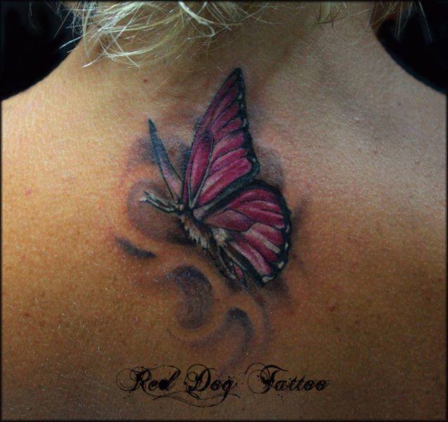 Purple Ink Butterfly Tattoo On Upper Back