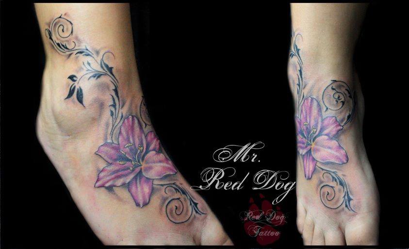 Purple Ink Flower Tattoo On Right Foot