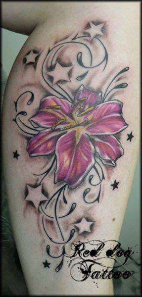 Purple Ink Flower Tattoo On Right Leg Calf