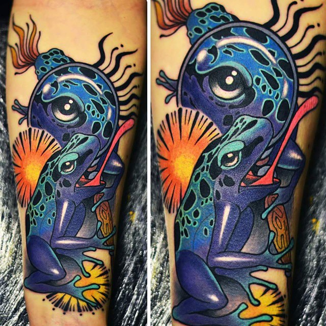 Purple Ink Frog Tattoo On Forearm