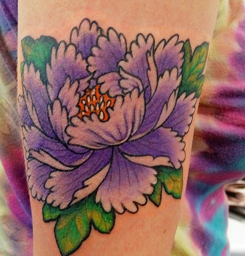Purple Ink Japanese Peony Flower Tattoo Design For Half Sleeve