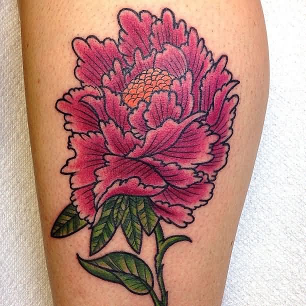 Purple Ink Japanese Peony Flower Tattoo Design For Leg