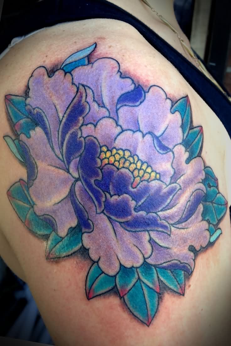 Purple Ink Japanese Peony Flower Tattoo On Right Shoulder