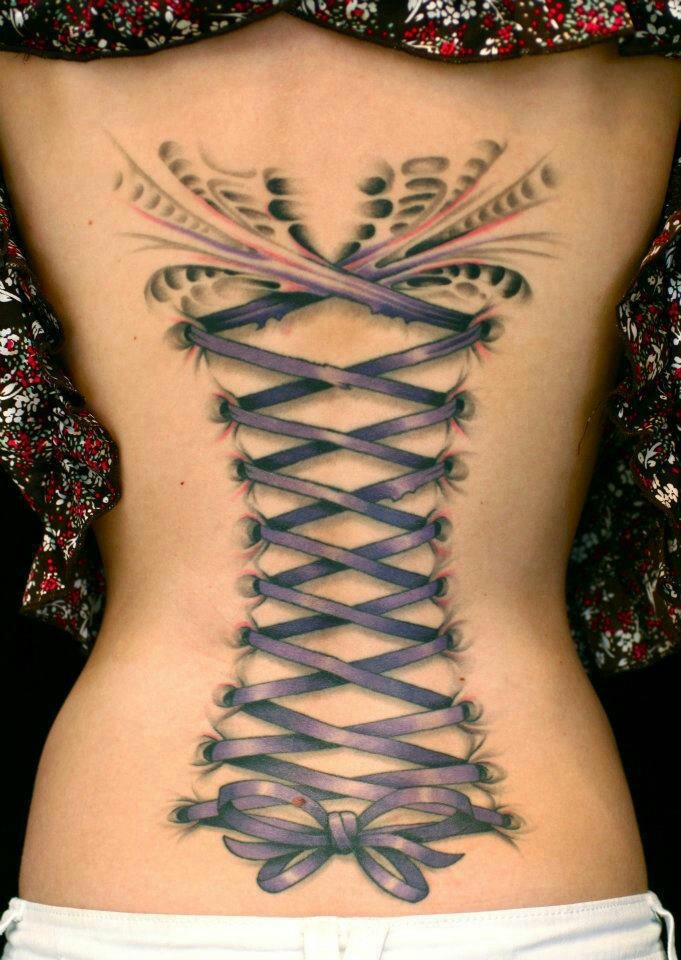 Purple Ink Lace Corset Bow Tattoo On Women Full Back