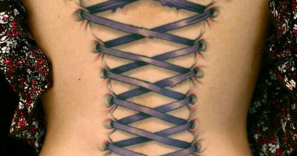 Purple Ink Lace Corset Tattoo On Back