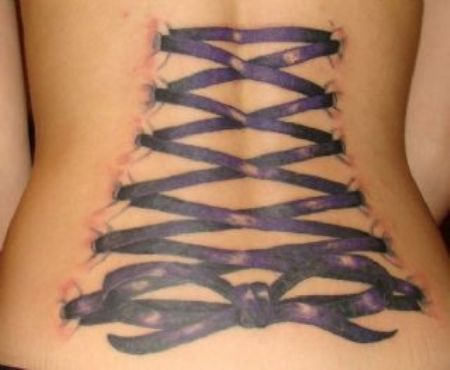 Purple Ink Lace Corset Tattoo On Women Back
