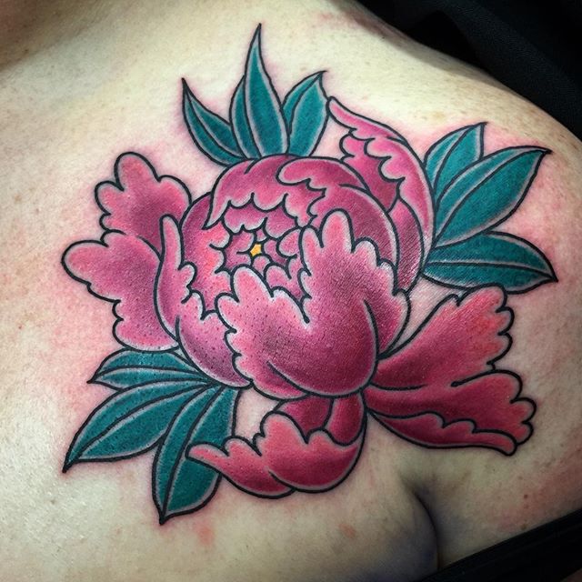 Purple Ink Peony Flower Tattoo Design For Front Shoulder By Joe Spaven