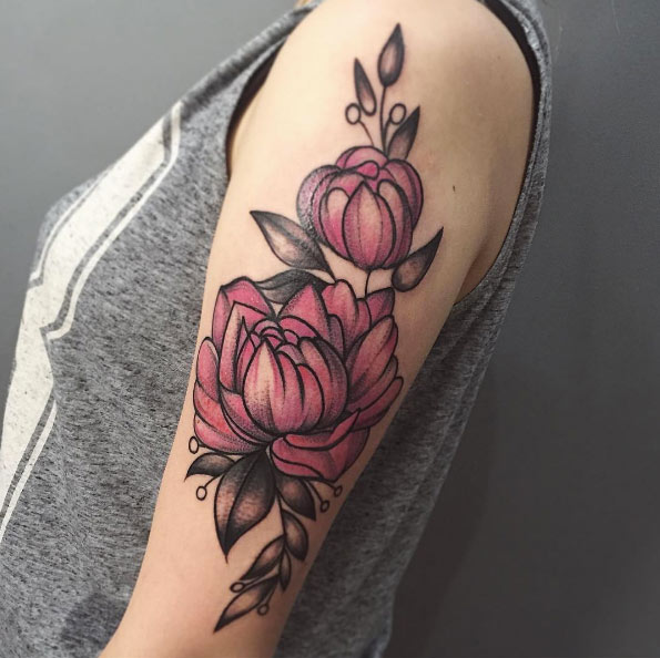 Purple Ink Peony Flower Tattoo On Girl Left Half Sleeve