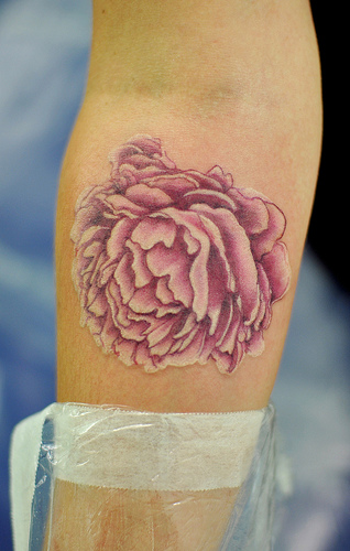 Purple Ink Peony Flower Tattoo On Right Forearm