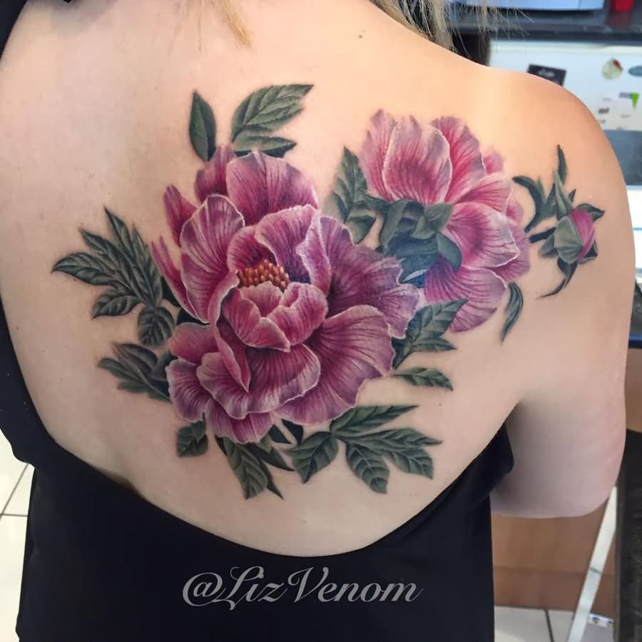 Purple Ink Peony Flowers Tattoo On Right Back Shoulder